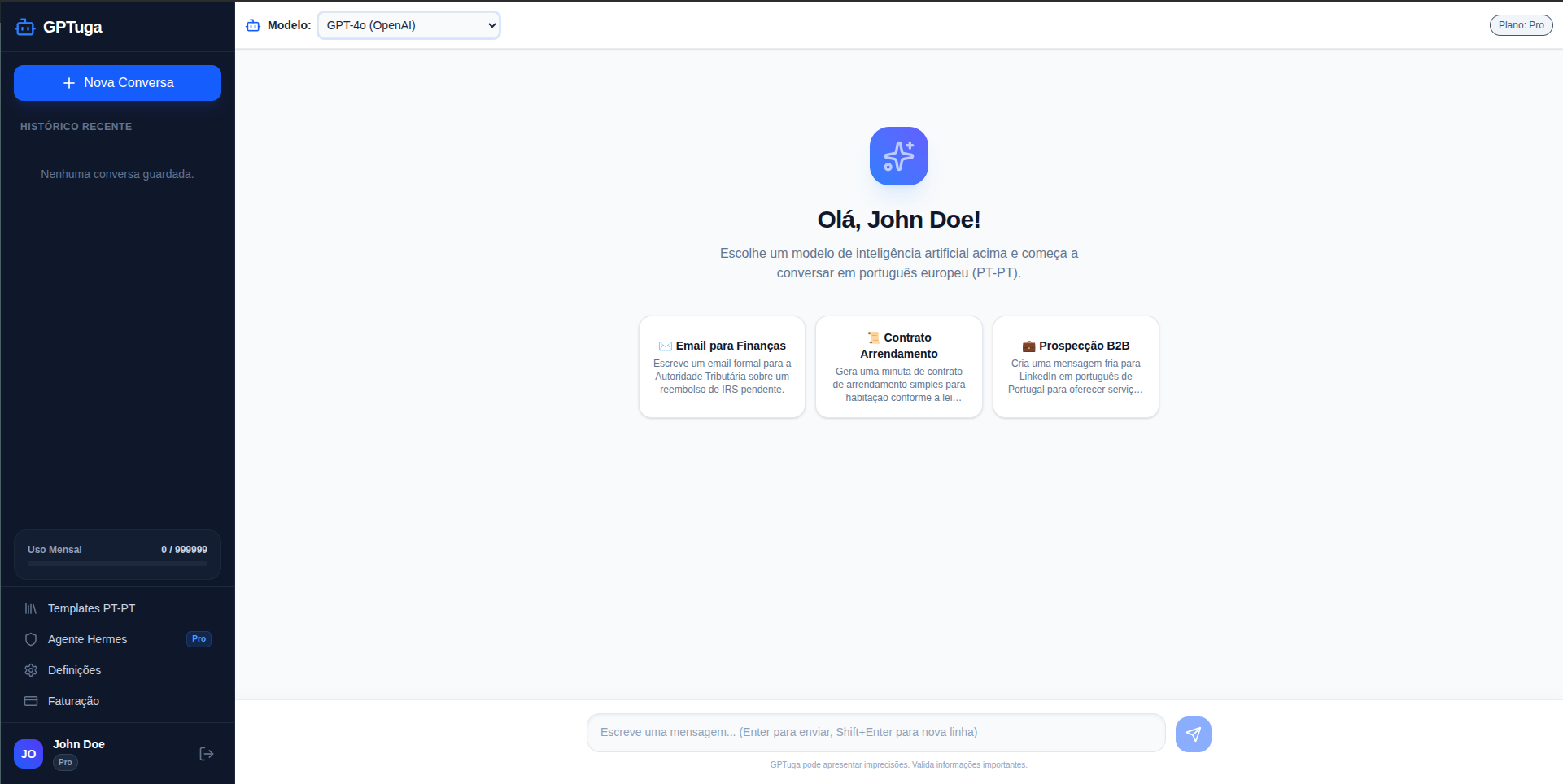Screenshot da interface do GPTuga